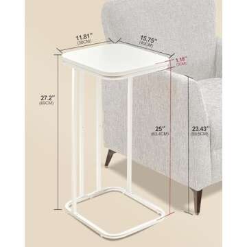KJGKK C Shaped End Table, 27 Inches High Small Side Table for Sofa and Bed, Couch Table That Slides Under, Tall Tv Tray Table for Living Room, Bedroom, Metal Frame, Snow White