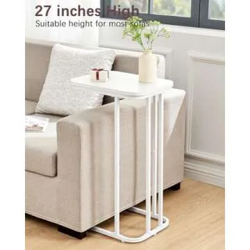 KJGKK C Shaped End Table, 27 Inches High Small Side Table for Sofa and Bed, Couch Table That Slides Under, Tall Tv Tray Table for Living Room, Bedroom, Metal Frame, Snow White