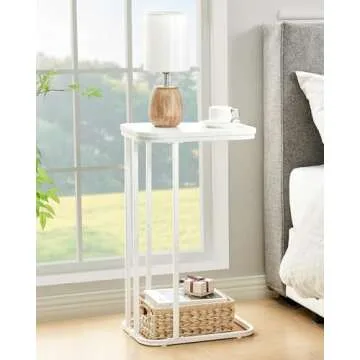 KJGKK C Shaped End Table, 27 Inches High Small Side Table for Sofa and Bed, Couch Table That Slides Under, Tall Tv Tray Table for Living Room, Bedroom, Metal Frame, Snow White