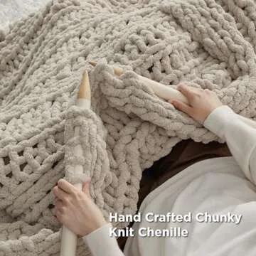 Bedsure Chunky Knit Throw Blanket for Couch - 100% Hand Knitted, 5.06 lbs Chenille Blanket for Bed Living Room Home Decor, Thick and Soft, Linen Beige, 50x60 Inches