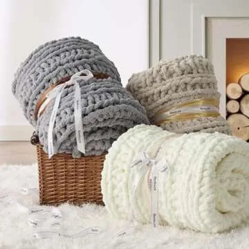 Bedsure Chunky Knit Throw Blanket for Couch - 100% Hand Knitted, 5.06 lbs Chenille Blanket for Bed Living Room Home Decor, Thick and Soft, Linen Beige, 50x60 Inches