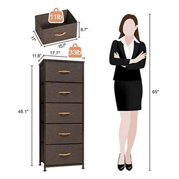 Crestlive Products Vertical Dresser Storage Tower - Sturdy Steel Frame, Wood Top, Easy Pull Fabric Bins - Organizer Unit for Bedroom, Hallway, Entryway, Closets - 5 Drawers(Brown)