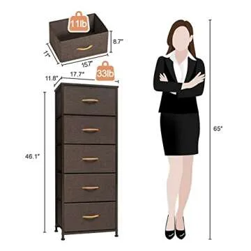 Crestlive Products Vertical Dresser Storage Tower - Sturdy Steel Frame, Wood Top, Easy Pull Fabric Bins - Organizer Unit for Bedroom, Hallway, Entryway, Closets - 5 Drawers(Brown)