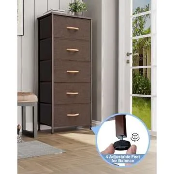 Crestlive Products Vertical Dresser Storage Tower - Sturdy Steel Frame, Wood Top, Easy Pull Fabric Bins - Organizer Unit for Bedroom, Hallway, Entryway, Closets - 5 Drawers(Brown)