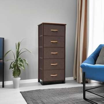 Crestlive Products Vertical Dresser Storage Tower - Sturdy Steel Frame, Wood Top, Easy Pull Fabric Bins - Organizer Unit for Bedroom, Hallway, Entryway, Closets - 5 Drawers(Brown)