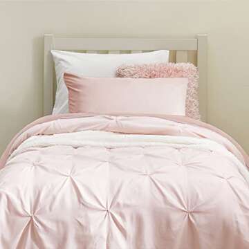 OCM Comfort Dorm Essentials Value Pack - 19 Piece Twin XL Set | Twin XL | Comforter, Sheets, Topper, Towels, Storage & More | Paige Pink | Blush Pinks & White, Pinch Pleats