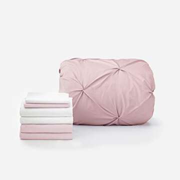 OCM Comfort Dorm Essentials Value Pack - 19 Piece Twin XL Set | Twin XL | Comforter, Sheets, Topper, Towels, Storage & More | Paige Pink | Blush Pinks & White, Pinch Pleats