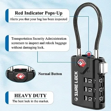 SURE LOCK TSA Compatible Travel Luggage Locks, Inspection Indicator, Easy Read Dials TSA Approved with Zinc Alloy