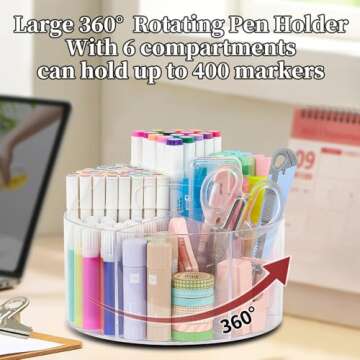 Youbetia Acrylic Large Pen Organizer for Desk - 360° Rotating Marker Organizer Pen Holder Pencil Organizer, Art Supply Storage Organizer, Art Caddy for Crayon Marker School Office Stationary, Clear