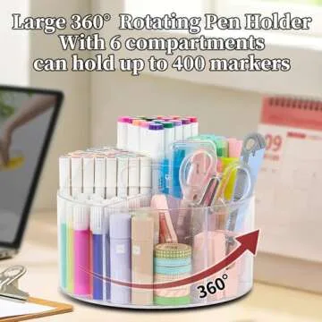 Youbetia Acrylic Large Pen Organizer for Desk - 360° Rotating Marker Organizer Pen Holder Pencil Organizer, Art Supply Storage Organizer, Art Caddy for Crayon Marker School Office Stationary, Clear