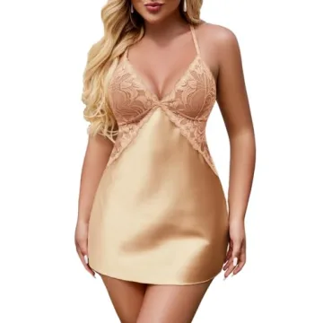 Avidlove Women Lingerie V Neck Nightwear Satin Sleepwear Lace Chemise Mini Teddy (M, Champagne)