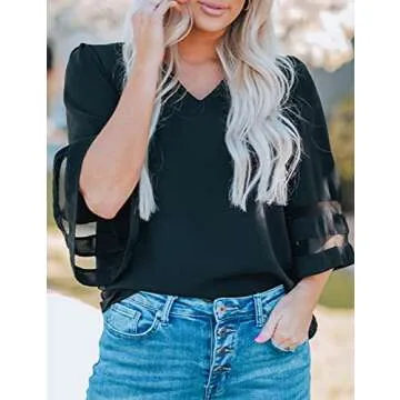 LookbookStore Business Casual Tops for Women - Summer Dressy Casual Blouses - V-Neck Black 3/4 Sleeve Tops - Size Small (4/6)
