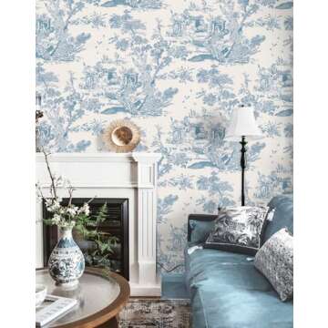 CiCiwind Peel and Stick Wallpaper Blue and White Wallpaper Toile Removable Self-Adhesive Wallpaper for Bedroom Bathroom Vintage Contact Paper for Walls Covering 16In×78.7In