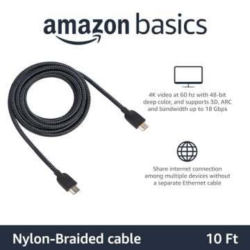 Amazon Basics High-Speed 4K Ultra HD HDMI Nylon-Braided Cable, 10 feet, 18Gbps, 60Hz, 2160p, 48-bit,...