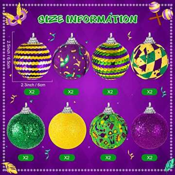 16Pcs Mardi Gras Ball Ornaments, Shatterproof Mardi Gras Decoration Tree Balls for Holiday Ornaments...