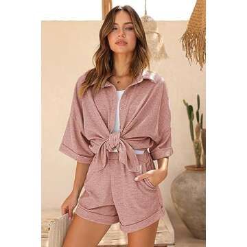 Ekouaer Waffle Knit Lounge Set Short Sleeve Pajamas