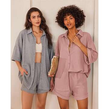 Ekouaer Waffle Knit Lounge Set Short Sleeve Pajamas