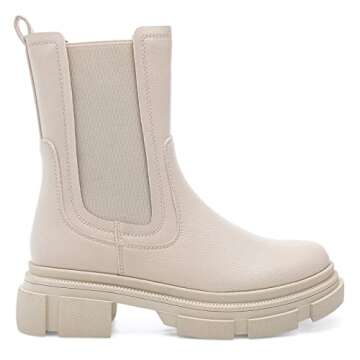 YETIER Women Mid Calf Platform Chelsea Boots Lug Sole Elastic Leather Chunky Block Heel Non-Slip Combat Comfortable Booties