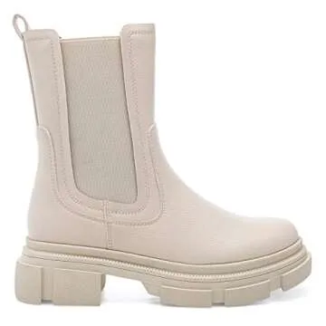 YETIER Women Mid Calf Platform Chelsea Boots Lug Sole Elastic Leather Chunky Block Heel Non-Slip Combat Comfortable Booties