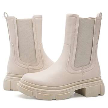 YETIER Women Mid Calf Platform Chelsea Boots Lug Sole Elastic Leather Chunky Block Heel Non-Slip Combat Comfortable Booties