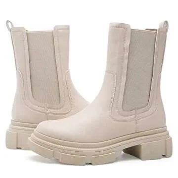 YETIER Women Mid Calf Platform Chelsea Boots Lug Sole Elastic Leather Chunky Block Heel Non-Slip Combat Comfortable Booties