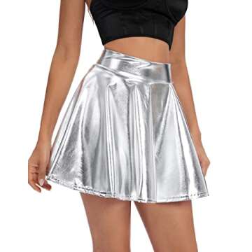 Urban CoCo Women's Shiny Flared Pleated Mini Skater Skirt (XL, Silver)