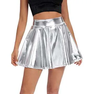 Urban CoCo Women's Shiny Flared Pleated Mini Skater Skirt (XL, Silver)