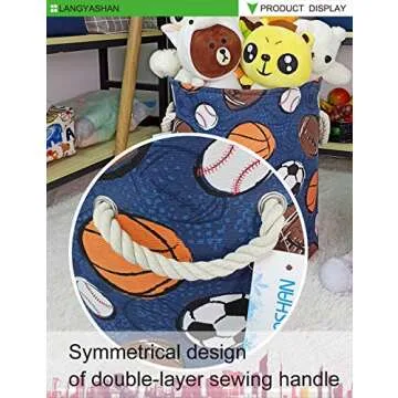 LANGYASHAN Laundry Basket Canvas Collapsible Organizer Storage Basket for Boys Girls Laundry Hamper Toy Bins Gift Baskets Bedroom Clothes Children Nursery (Navy Ball Game)