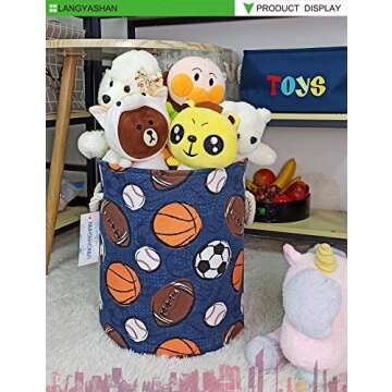 LANGYASHAN Laundry Basket Canvas Collapsible Organizer Storage Basket for Boys Girls Laundry Hamper Toy Bins Gift Baskets Bedroom Clothes Children Nursery (Navy Ball Game)