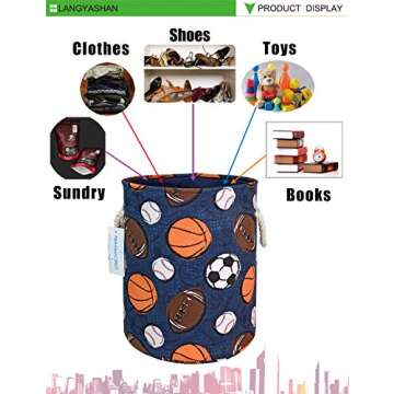 LANGYASHAN Laundry Basket Canvas Collapsible Organizer Storage Basket for Boys Girls Laundry Hamper Toy Bins Gift Baskets Bedroom Clothes Children Nursery (Navy Ball Game)