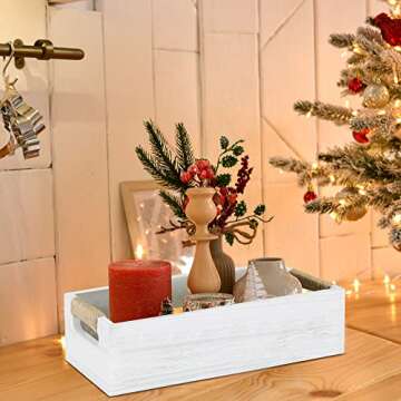 ANRXNCY Farmhouse Bathroom Decor Box Toilet Paper Holder, White Wood, Rectangular Tray with Artificial Flower, 14.9"L x 5.3"W x 3.3"H