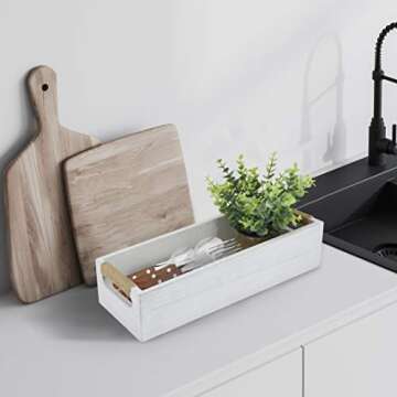 ANRXNCY Farmhouse Bathroom Decor Box Toilet Paper Holder, White Wood, Rectangular Tray with Artificial Flower, 14.9"L x 5.3"W x 3.3"H