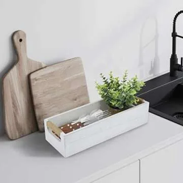 ANRXNCY Farmhouse Bathroom Decor Box Toilet Paper Holder, White Wood, Rectangular Tray with Artificial Flower, 14.9"L x 5.3"W x 3.3"H