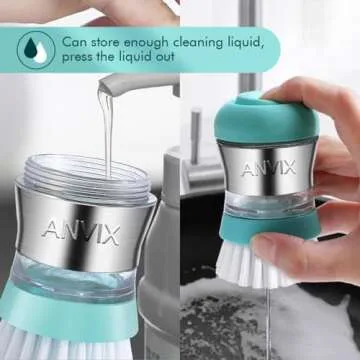 ANVIX Soap Dispensing Palm Brush – Ergonomic Scrub Brush with Handle – Heavy-Duty Dish Scrubber with Soap Dispenser - Scrub Brushes for Cleaning with Push Button Soap Dispensing-Tiffany Blue