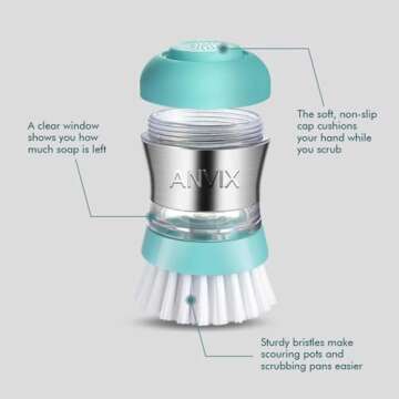 ANVIX Soap Dispensing Palm Brush – Ergonomic Scrub Brush with Handle – Heavy-Duty Dish Scrubber with Soap Dispenser - Scrub Brushes for Cleaning with Push Button Soap Dispensing-Tiffany Blue