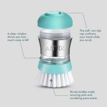 ANVIX Soap Dispensing Palm Brush – Ergonomic Scrub Brush with Handle – Heavy-Duty Dish Scrubber with Soap Dispenser - Scrub Brushes for Cleaning with Push Button Soap Dispensing-Tiffany Blue