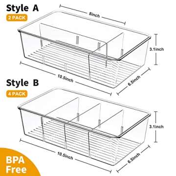 6 Pack Food Storage Organizer Bins, Clear Plastic Pantry Organizer with Removable Dividers, Pantry O...