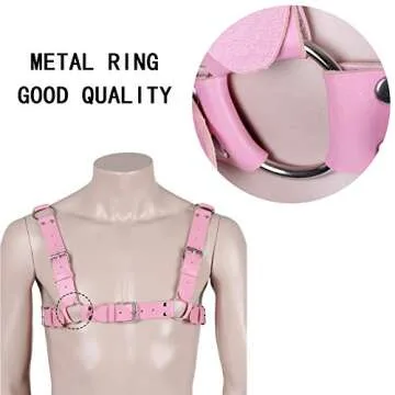 Men's Leather Body Harness Punk Chest Strap Harness Belt Adjustable Gothic Carnival Dance Costume Accessories (Pink)