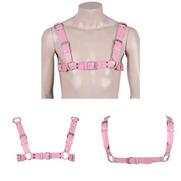 Men's Leather Body Harness Punk Chest Strap Harness Belt Adjustable Gothic Carnival Dance Costume Accessories (Pink)
