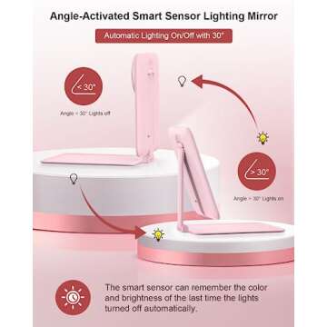 Gospire Travel Makeup Mirror with Lights and Magnification 10X, Portable Make Up Compact Tabletop Mirror with Adjustable Stand, 3 Colored Lights Rechargeable Lighted LED Vanity Mirror - Pink