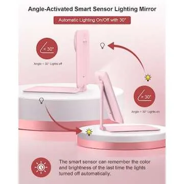Gospire Travel Makeup Mirror with Lights and Magnification 10X, Portable Make Up Compact Tabletop Mirror with Adjustable Stand, 3 Colored Lights Rechargeable Lighted LED Vanity Mirror - Pink