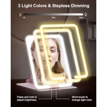 Gospire Travel Makeup Mirror with Lights and Magnification 10X, Portable Make Up Compact Tabletop Mirror with Adjustable Stand, 3 Colored Lights Rechargeable Lighted LED Vanity Mirror - Pink