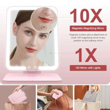 Gospire Travel Makeup Mirror with Lights and Magnification 10X, Portable Make Up Compact Tabletop Mirror with Adjustable Stand, 3 Colored Lights Rechargeable Lighted LED Vanity Mirror - Pink