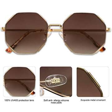 SOJOS Sunglasses for Women Men Classic Retro Polygon Shades UV400 SJ1128,Gold/Brown