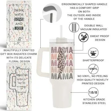 Fancyfams Mama Cup, 40 oz Stainless Steel Travel Tumbler with Handle Lid and Straw, Funny Birthday Present Mom Gift Mothers Day Gifts from Daughter Son, Unique Idea Husband Kids Wife (Mama - 40oz)