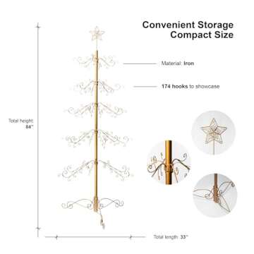 HOHIYA 7 Ft Wrought Iron Christmas Tree Metal Ornament Display Stand Holder Hanger Wire Hanging Spiral for Halloween Glass Balls Decorations Gift 174 Hooks Gold Taiwan Made