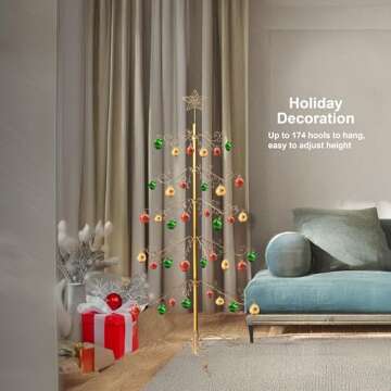 HOHIYA 7 Ft Wrought Iron Christmas Tree Metal Ornament Display Stand Holder Hanger Wire Hanging Spiral for Halloween Glass Balls Decorations Gift 174 Hooks Gold Taiwan Made