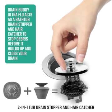 Drain Buddy Ultra Flo No Installation 2 in 1 Clog Preventing Tub Drain Stopper and Hair Catcher for ...
