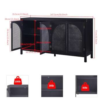 Modern Black Rattan Storage Cabinet - Freestanding Arched Buffet Sideboard with Metal Handles for Di...