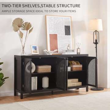 Modern Black Rattan Storage Cabinet - Freestanding Arched Buffet Sideboard with Metal Handles for Dining Room, Living Room, Entryway